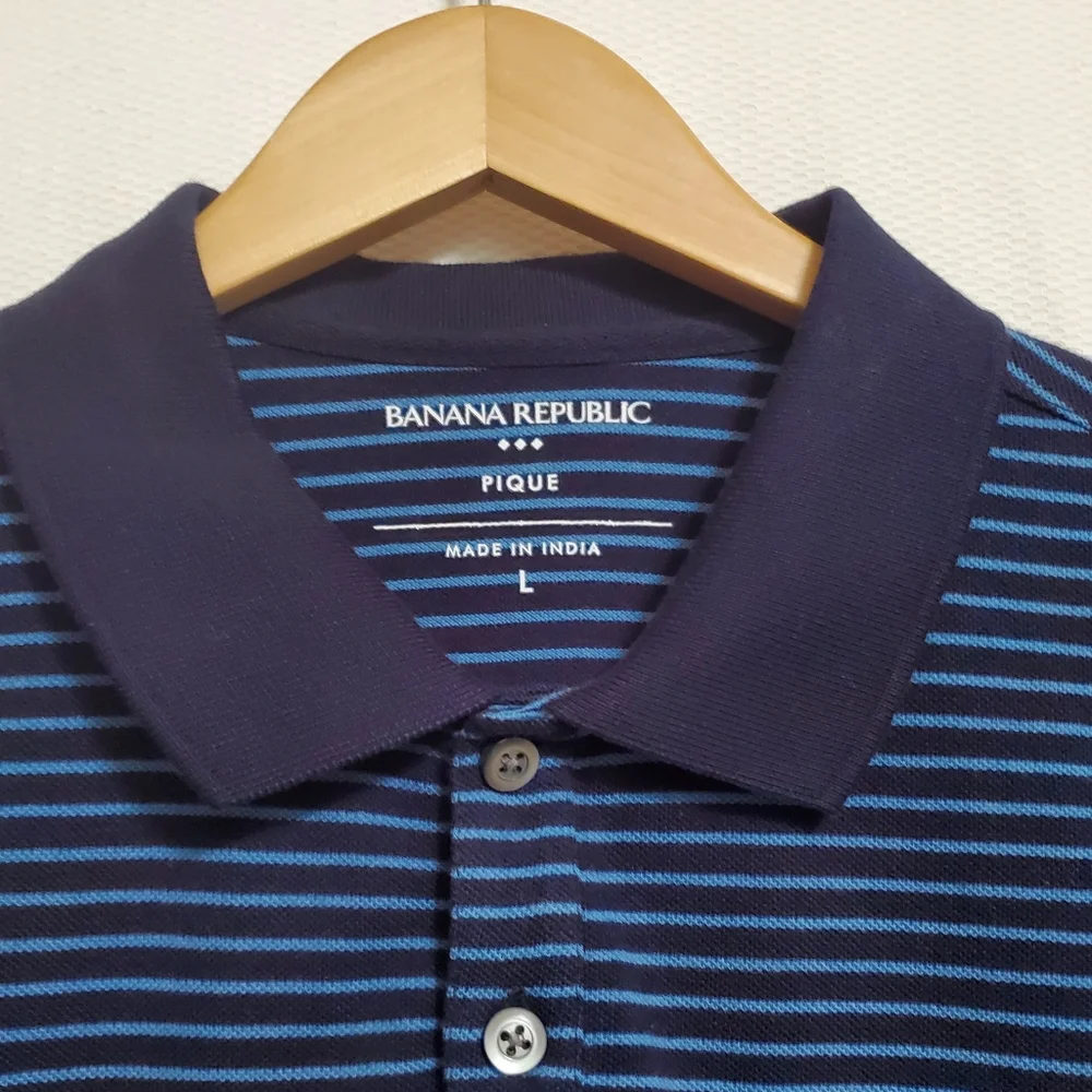 Banana Republic Polo Shirt Cotton Pique Blue Striped Colorblock Mens Large
